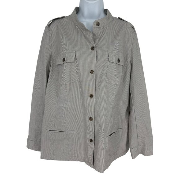 J Jill  Pinstripe Cotton Stretch Button Up Mandarin Collar Jacket Size L - Picture 1 of 8